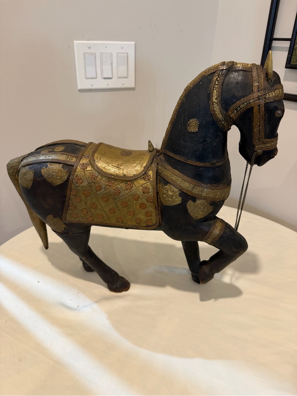 Antique Vintage Hand Carved Wood Horse Copper and Brass Overlay India - Picture 9 of 16